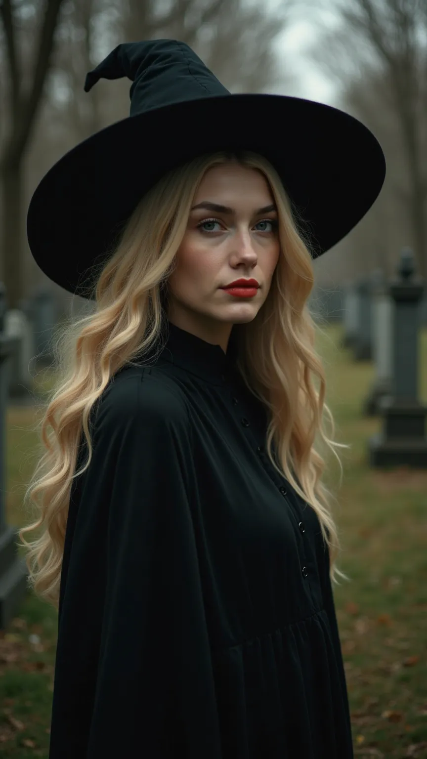  make an image of a 25-year-old young woman ,( rose ) , Has white skin, big blond hair and long in the wind Your eyes are natural,  straight eyebrow , red lips, wearing an all-black witch outfit and hat in a shady graveyard 