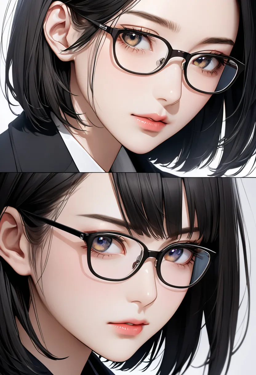  super realism, Photo of a female student:1.331, realistic, Beautiful Japanese woman's face, from side:1.5, extra close-up, face close-up, Wearing black-rimmed glasses;1.331, perfect anatomy:1.21,  small head:1.21, Close your lips, Portrait of a Japanese w...