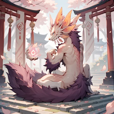 full body,alone,dragon，femboy，beast，blue eyes,shrine,petal,mizutsune，paw，Sitting，wearing white stockings，sweaty
illustration,alone,Double, magic ,plant  magic ,宽大的dragon尾, white scales,Tail hair ,fluffy tail,Purple fur ，nude，Loincloth