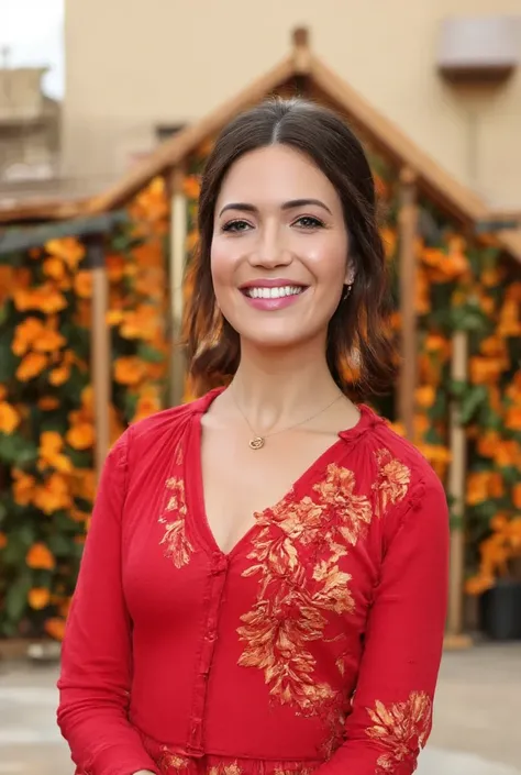 best quality, highres, 8k, masterpiece, photography, detailed midbody photorealistic portrait. Mandy Moore wears a flowing, red and gold lotus silk wedding dress, inspired by traditional Chinese bridal attire. The dress features a deep neckline and a grace...