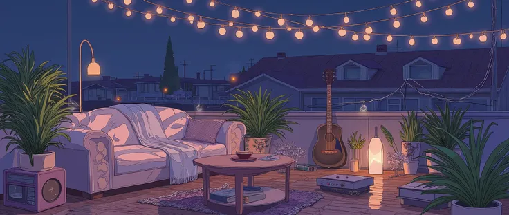 Rooftop at night、nighttime scene、outside of house、with no people、Calm and meditative atmosphere、houseplant、Lo-fi atmosphere、String Light、Cozy sofa、Pink radio with retro design、Hot coffee on the coffee table、Warm blanket、 books、There is an acoustic guitar、