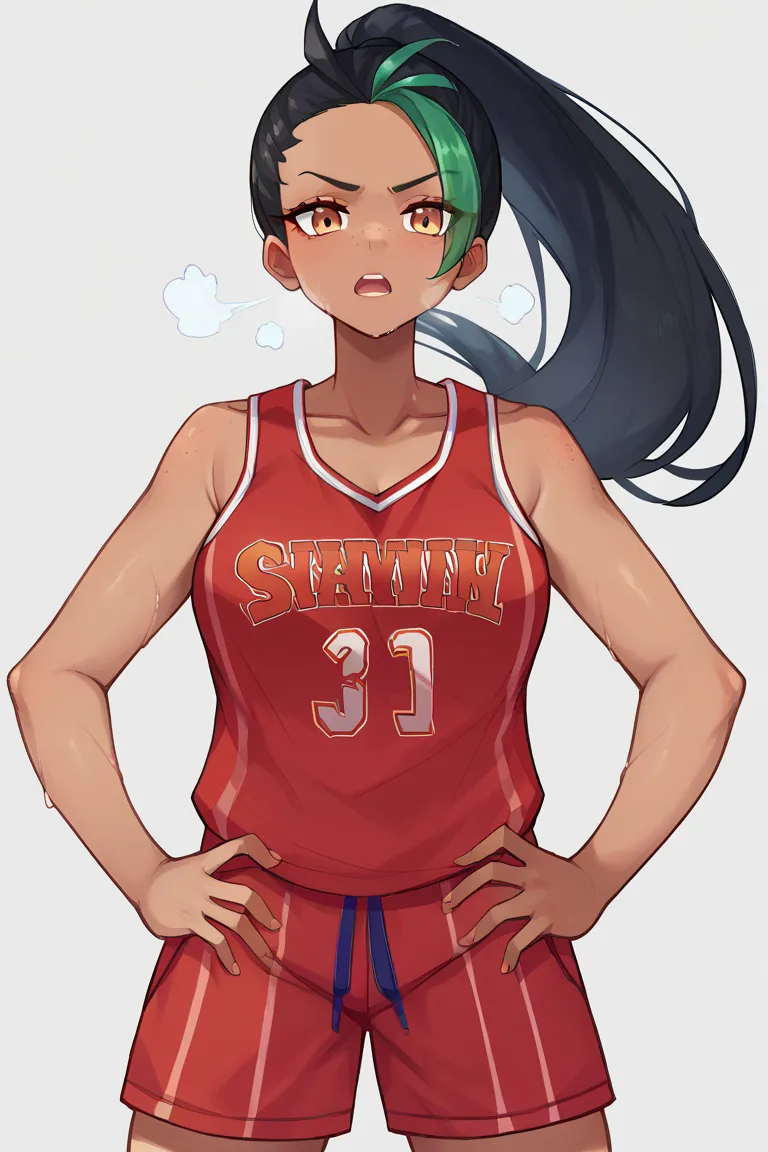 score_9,score_8_up,score_7_up BREAK NemonaSDXL,1girl,solo,long hair,shirt,black hair,gloves, basketball uniform, ponytail,green hair,shorts, red tanktop,,dark skin,,dark-skinned female,streaked hair,orange eyes,black eyelashes,freckles,,hair pulled back, r...