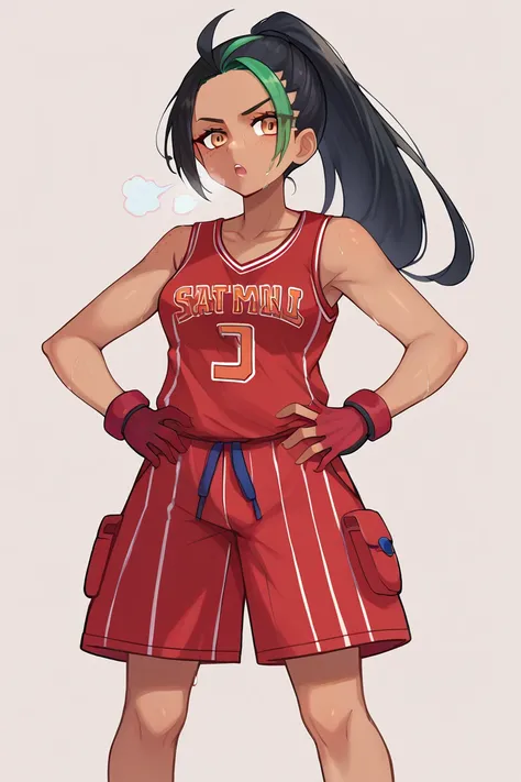 score_9,score_8_up,score_7_up BREAK NemonaSDXL,1girl,solo,long hair,shirt,black hair,gloves, basketball uniform, ponytail,green hair,shorts, red tanktop,,dark skin,,dark-skinned female,streaked hair,orange eyes,black eyelashes,freckles,,hair pulled back, r...