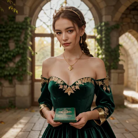 Ultra-detailed, cinematic, medieval fantasy portrait of a stunningly beautiful young woman, (age: 20-25), standing in a grand medieval castle courtyard. She has (porcelain skin with a soft blush, luminous hazel-green almond-shaped eyes, long dark chestnut ...