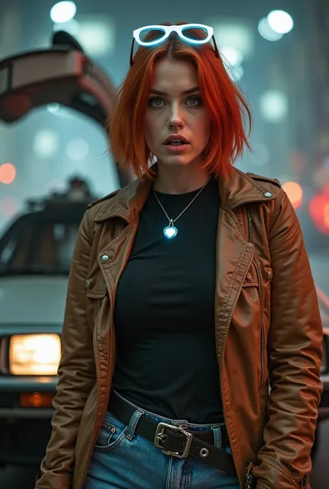 Cinematic shooting. Steampunk world. A girl of about 25 years old, model appearance, with red hair, bob haircut, green eyes, with white neon glasses on her head, gets out of the DeLorean DMC-12 car. In a black T-shirt, large breasts, brown leather jacket. ...