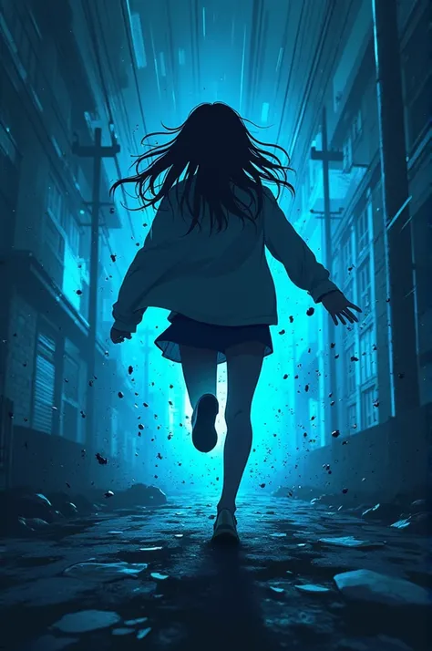 Logo anime, a silhouette of a woman escaping until she reaches the door, text that says in large "escaping girl", strong blue