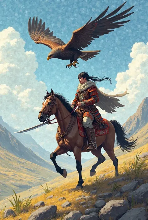 A mongolian anime  riding horse with eagle carrying a long sharp knife on hill to hunt