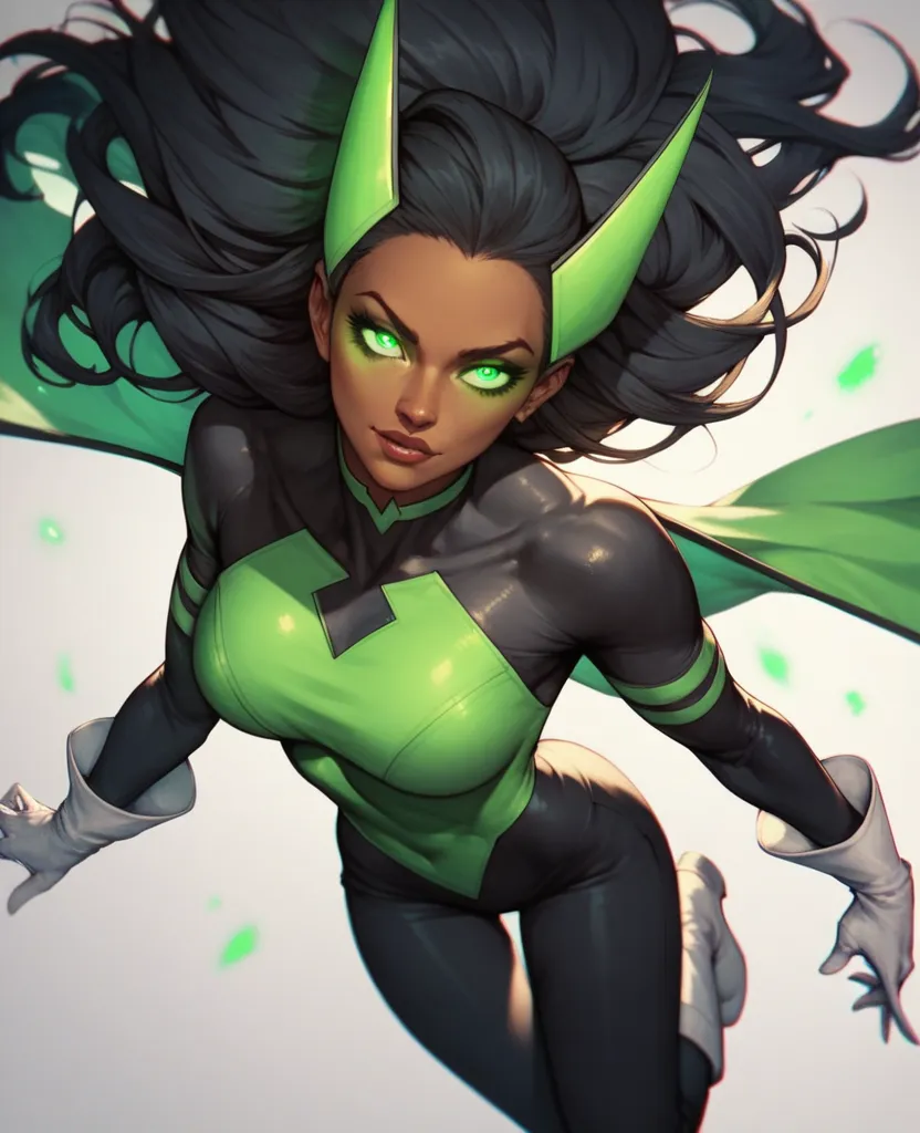 Superhero, girl, long black hair, brown skin, green eyes, glowing eyes, green top, spandex, black pants, black sleeves, white gloves, white boots