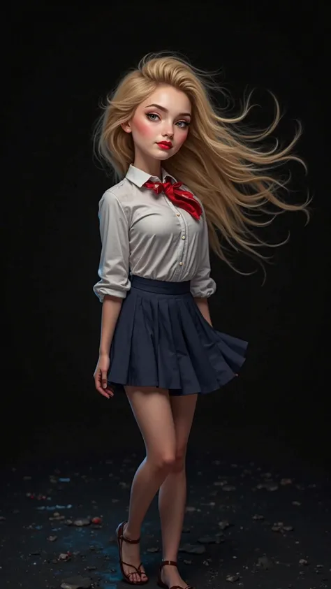  make an image of a 25-year-old young woman ,( rose ) , Has white skin, big blond hair and long in the wind Your eyes are natural,  straight eyebrow , red lips, wearing a white shirt with a red tie and a dark blue skirt on a black background with a reflect...