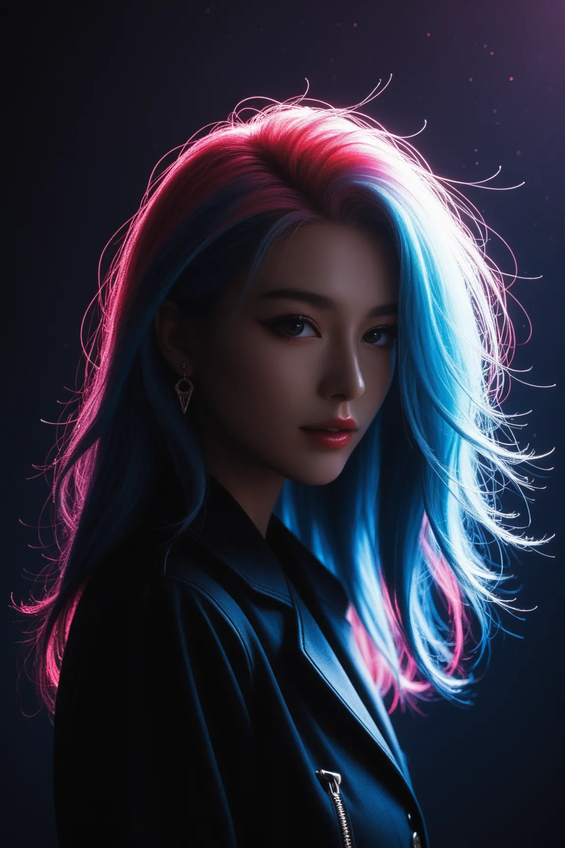 Expressionist artwork image of a single floating ceramic head, face, korean woman, colorful, color splash, neon colors, make it weird and gallery worthy