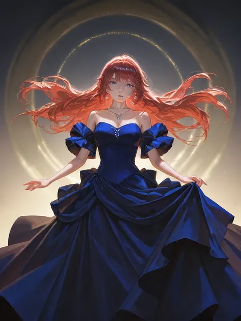 Create 1 female character with long red hair, blue sharp eyes, blue bodice dress, long skirt, silver necklace, pretty tall, standing face, standing, looking at the viewer. Full HD 