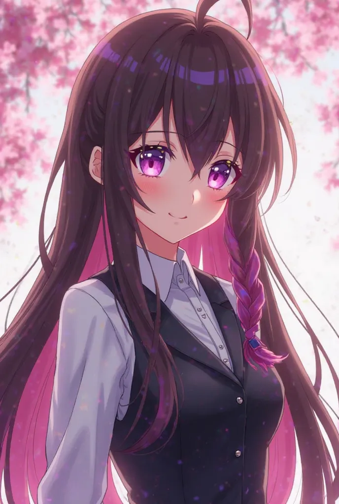 Animation of a character with long dark brown hair in a braid on the shoulder that at the ends is a shade of purple with a gradient to pink and has a fringe on the side that is a bit on the left eye that has a purple lock and has degraded eyes, which is al...