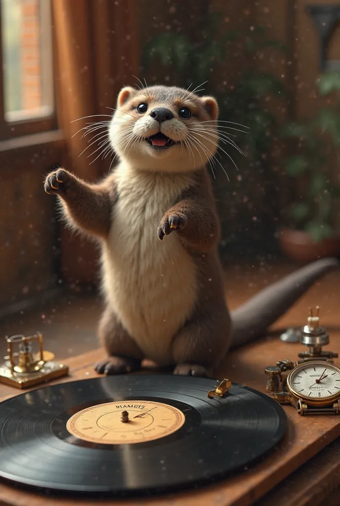 An otter dancing in the background a vinyl record and a watch