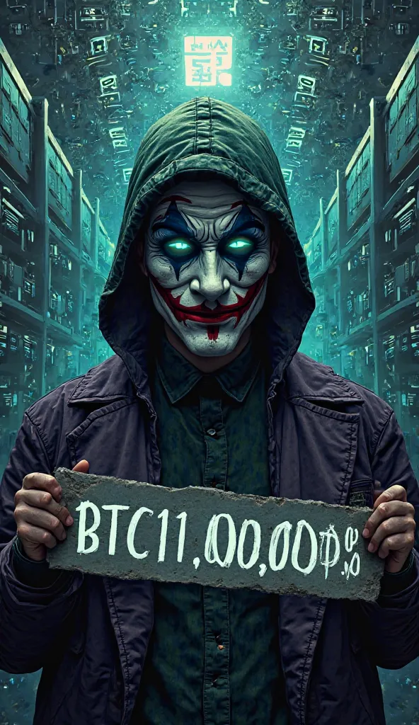 Satoshi Nakamoto , Founder Of Bitcoin, Full Face Cover mask joker, In Background Blockchain and GPU Working, Eyes Glowing of satoshi nakamoto , Holding A Banner In Banner Written "BTC 11,00,000"