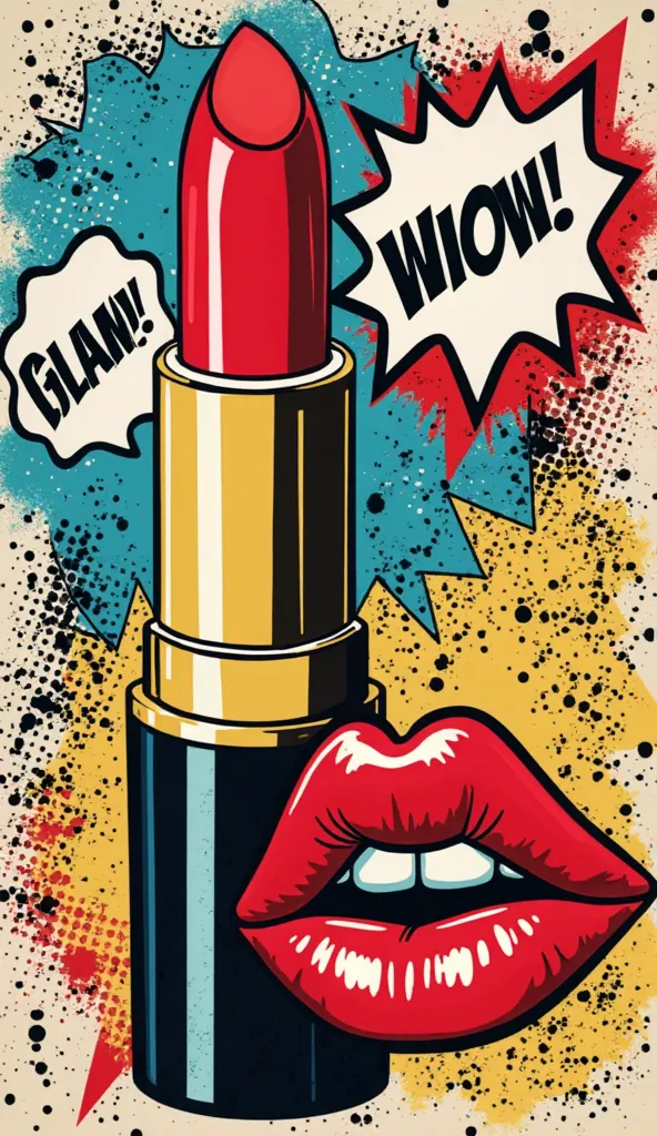 "A bold and vibrant pop-art style graphic of a red lipstick tube with a dramatic 'smooch' red lip print next to it. The design is surrounded by comic-style elements such as speech bubbles with phrases like 'Wow!' and 'Glam!' in bold, outlined fonts. The co...