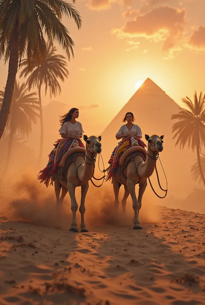 aerial image of two camels carrying condiments with two beautiful women each walking in front of each one pulling them by the belt walking through the sandy desert, Is there a windstorm, coconut trees bow in the wind and leaves fly to the same side in favo...