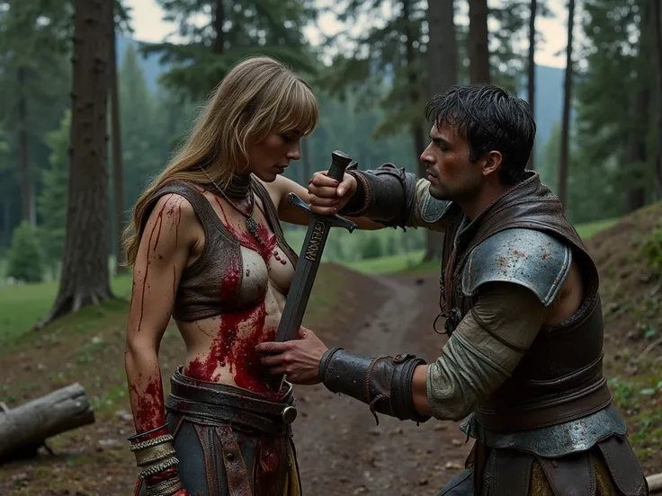 Bloodied and mortally wounded female warrior duelling a male warrior. The male warrior is plunging his sword in the female warrior's belly. Swordbin female warriors belly, sword buried in female warriors belly. Side angle full body high resolution image, a...