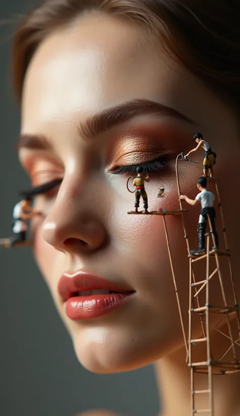 "Hyper-realistic macro photography of miniature beauty professionals applying makeup on a real woman’s face. Tiny workers stand on scaffolding to blend eyeshadow with oversized brushes, while others use airbrush machines for foundation. A tiny artist caref...