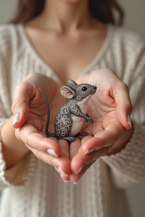 Women's hands cuddly affirming a tattoo-style mouse