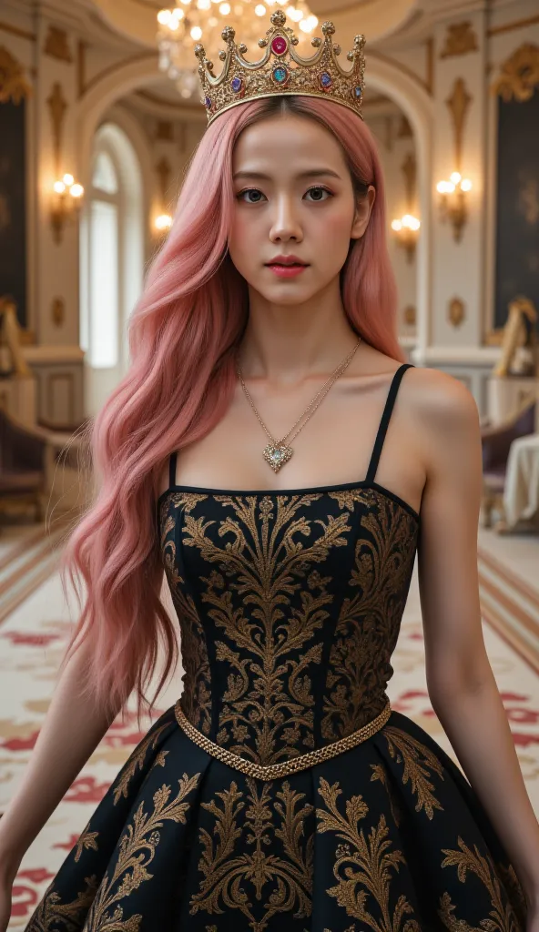  Fantasy art, (front focus ),  1girl , soo, Long hair in pink, king's crown, wears a black-gold dress,  sharp gaze,  black heels , He was in the palace hallway., very realistic, 8k