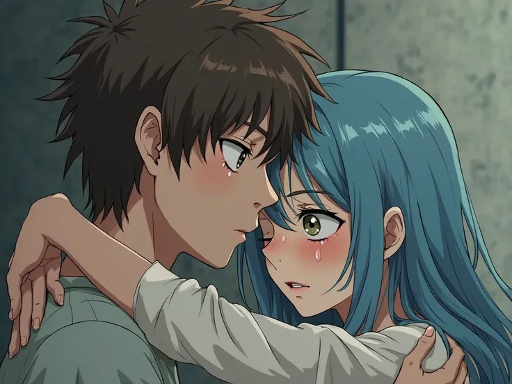 anime sad emaciated young adult boyfriend thick rounded long brown rough hair going down the neck ahoge on the back of head and and sad girlfriend with long sky blue waterfall hair crying and hugging