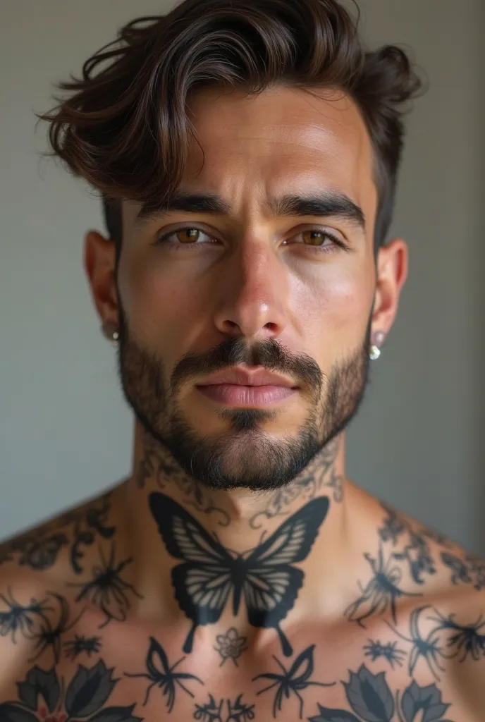  male background, brown hair, smooth and combed back, Hair above the shoulders, droopy light brown eyes, dark circles, Thicker eyebrows,  long lashes,  Cupid's bow defined ,  Roman nose, defined jaw, tanned skin,  ear piercings , monochrome butterfly tatto...