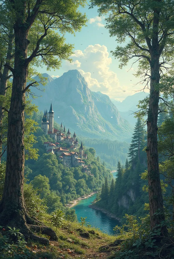 High-resolution pictures, drawing a forest and trees, a whole forest, a forest overlooking a beautiful village hiding magical creatures in branches, 8k, a forest believed to be inhabited by fairies on a mountain.