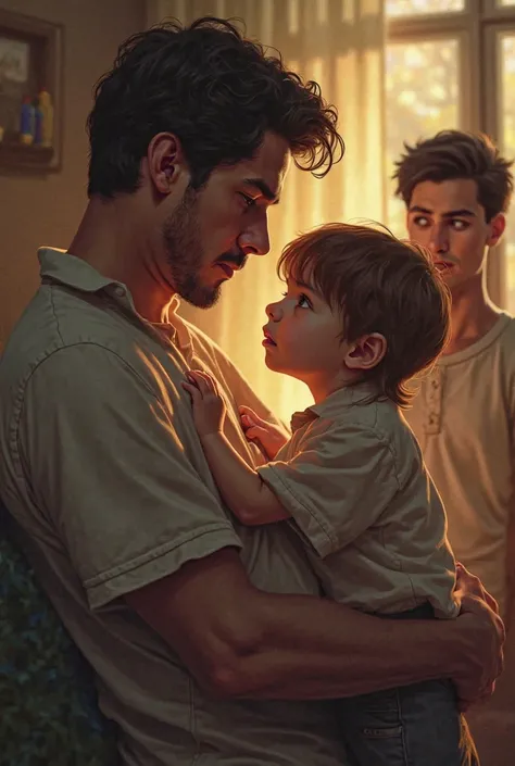 A father caresses his young son, while another young man looks on in pain from a distance. 