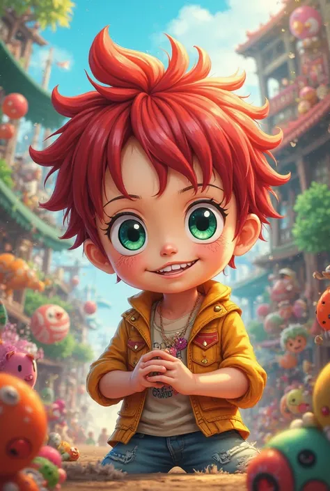 Create a character from the anime One Piece with the following characteristics: a boy with white skin,  red hair, green eyes, toys, and some freckles .