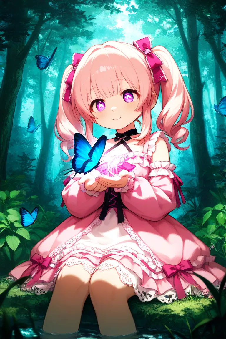 1 girl, beautiful girl,cute,smile,Elf, Hatsune Miku,turquoise long twin tails,pink gothic lolita dress, in the woods, sitting,Blue Butterfly々is flying