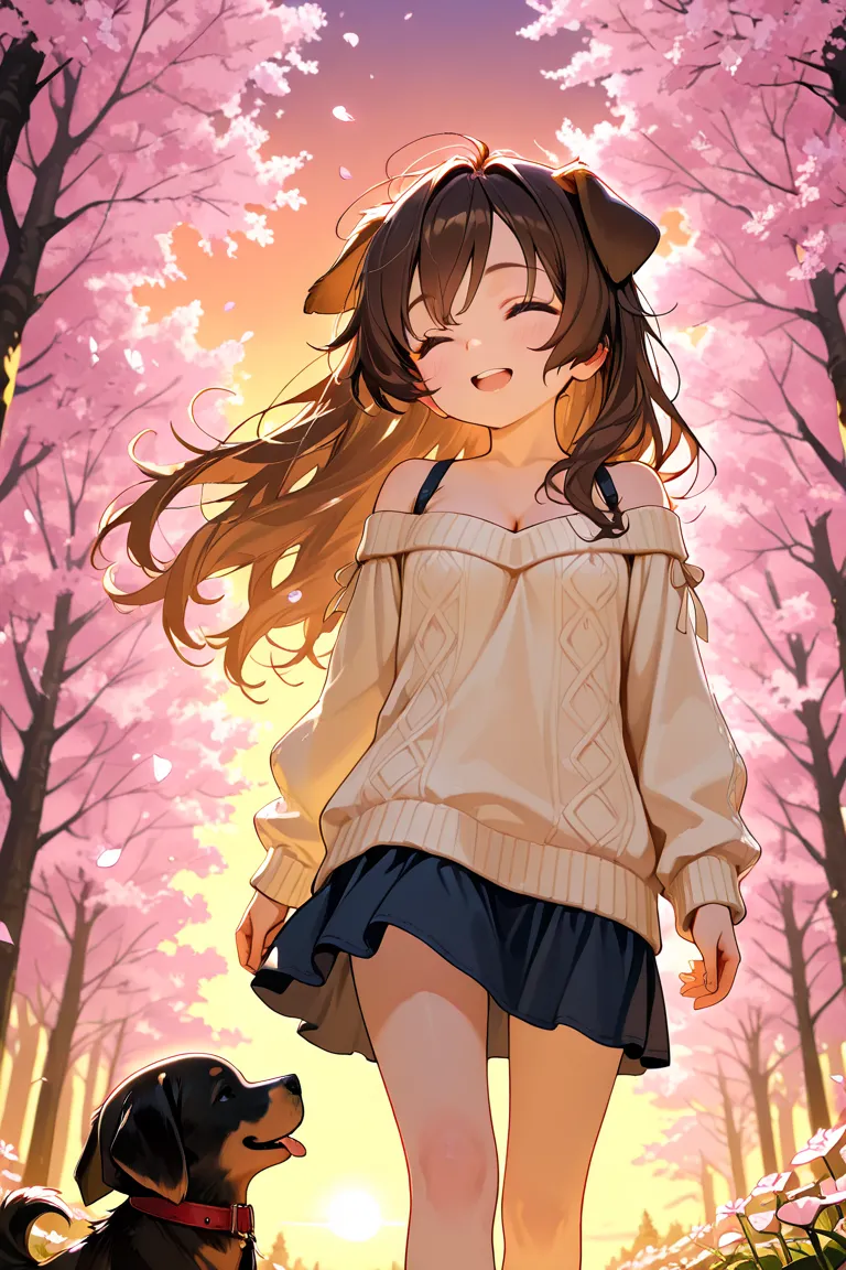 1girl, solo, loli, dog girl,
, long hair, messy hair , cleavage, off-shoulder sweater, floating hair, floating skirt, Hold own hair down with hand, 
go home, evening, Walking with Puppy, 
happy, 

spring, Sunset, Sunlit Cherry blossoms Forest, 
Flower peta...