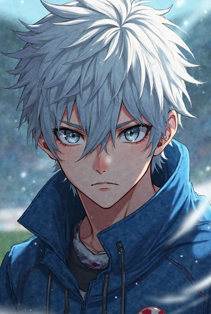 Soccer player Nagi Seishiro white hair and gray eyes, of the anime, manga, blue lock 