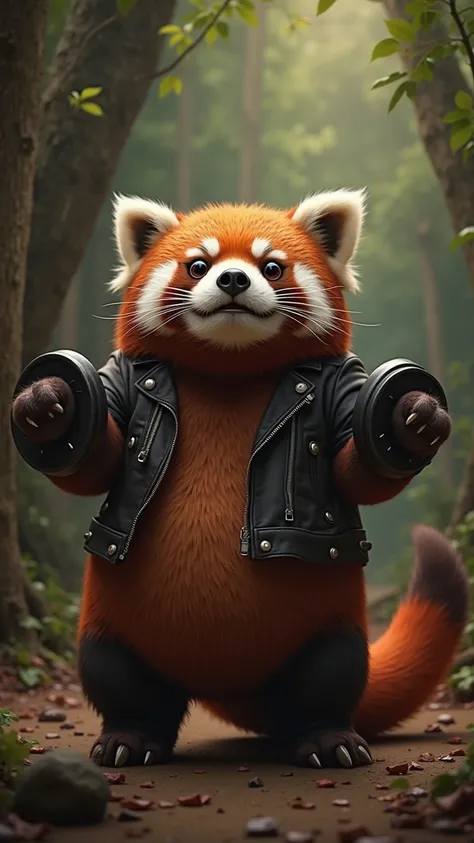 A chubby red panda and a rocker pig with a tough look, dressed in a leather jacket and sunglasses, working out with dumbbells inside the red panda's house in the forest.
