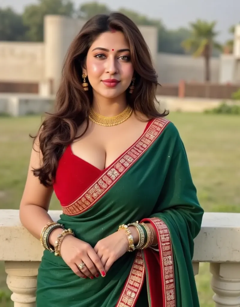 A 25yr old Indian busty pale detailed white skin woman(bimbo body physique), tight sleevless blouse shiny metallic dark green satin saree on a plain metallic gold  arm short arm sleeveless blouse  upper cleavage,Hands stretched up showing dark hairy armpit...