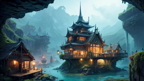 color ( fantasy: 1.2), ( Miyazaki Hayao Style), ( Irregular Buildings Floating Underwater ), Patchwork Cottage, Moss decoration, Coral,  light on the side, Concept Art Inspired by Andreas Rocha,  Art Station Contest Winner ,   fantasy art , (  Underwater C...