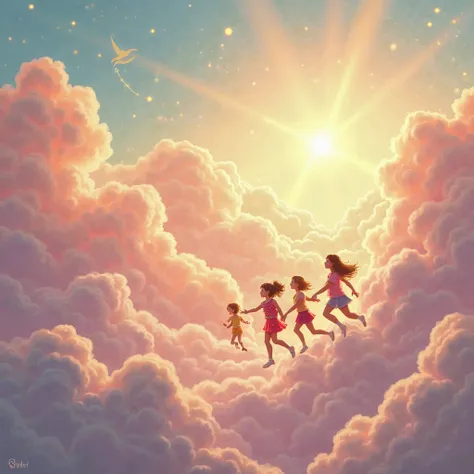 Prompt: Lila and her friends set off on a magical journey through the clouds. They fly past golden sunbeams and fluffy pink cotton-candy clouds