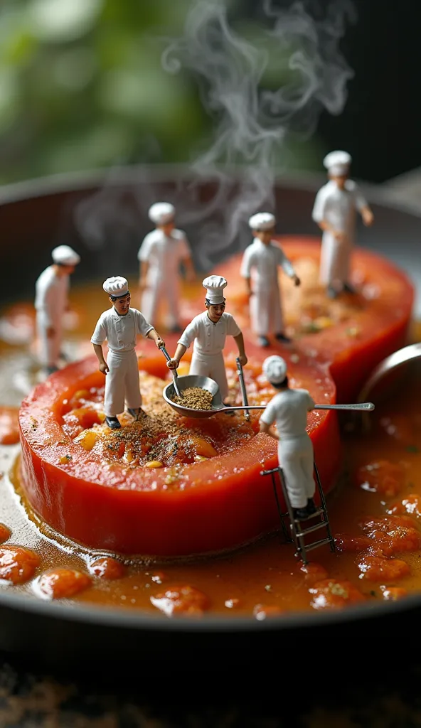 "A dramatic, hyper-realistic scene of miniature chefs cooking on a sizzling frying pan. Tiny cooks in white uniforms flip oversized vegetables with ladders and oversized spatulas. Some stand on a tomato slice while seasoning a giant steak. Steam rises as a...