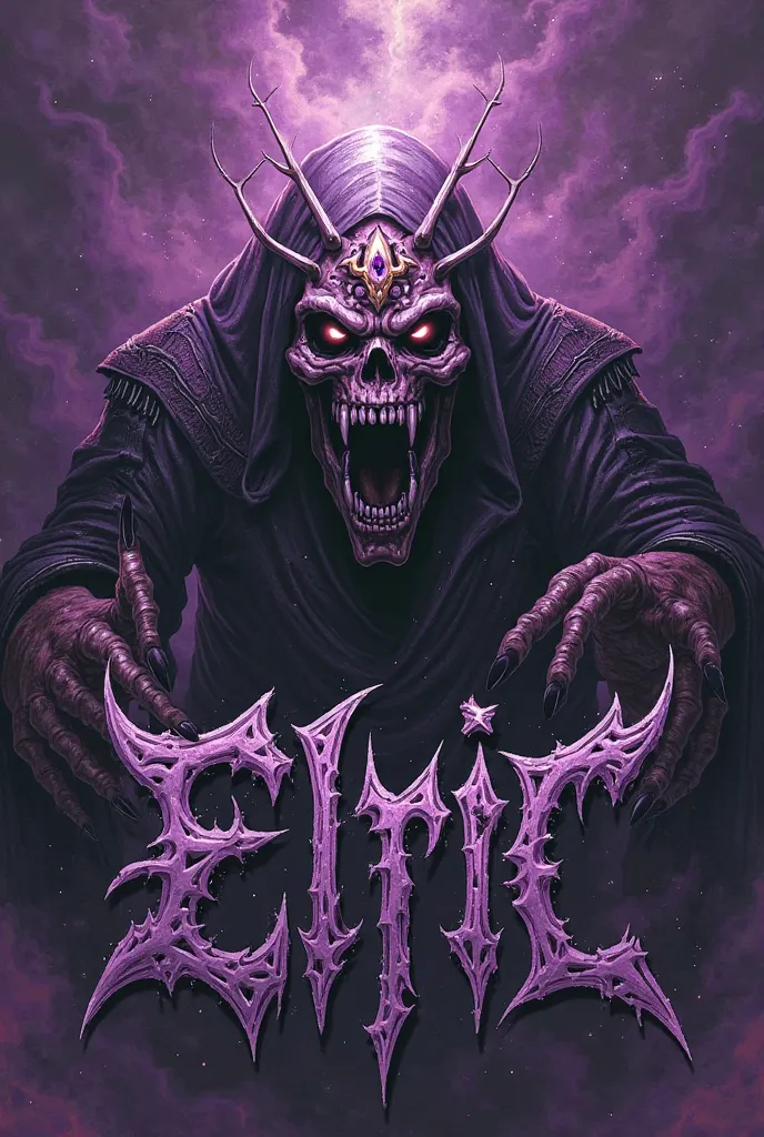 The exaggerated logo of a death metal band called "Elric"  in purple  