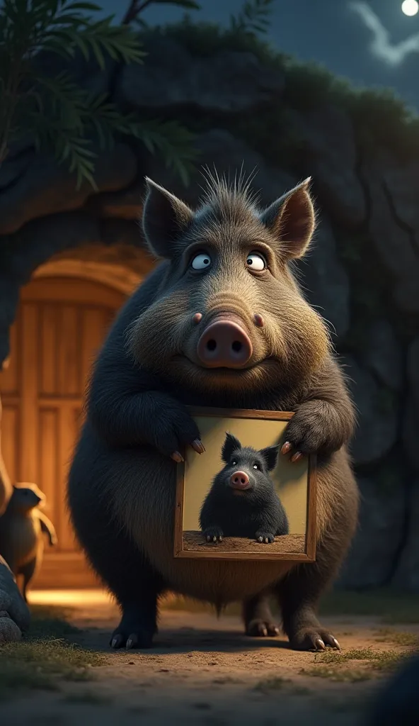 "A fat mother wild boar, her eyes filled with worry. Her two front paws held a picture of a black piglet. She was standing in front of a small cave, in the cave there was an open wooden door, and a capybara was standing at the door, the capybara had an ign...