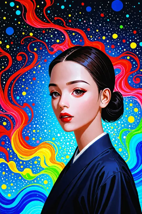 Expressionist artwork image of a single floating ceramic head, face, korean woman, colorful, color splash, neon colors, make it weird and gallery worthy