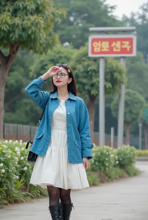 An arafe woman wearing a blue jacket and white dress taking a photo,  Jeongseon standing in front of a sign wearing a black dress and black boots , flickr, thoughts, jimin park, Shin Min-jeong, ) This green photo  , Normal number, Kim Hyun-joo , Kwak Ji-yo...