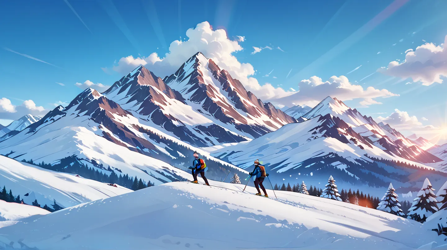 A group of adventurous mountain trekkers climbing a majestic snow-covered mountain, surrounded by breathtaking views of pristine white peaks, shimmering under the clear blue sky. The environment is serene yet exhilarating, with soft rays of sunlight reflec...