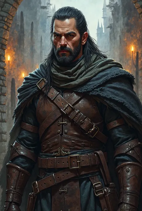 A medieval fantasy drawn illustration of a black-haired 30 year old guardsman with a ponytail and a small stubble.