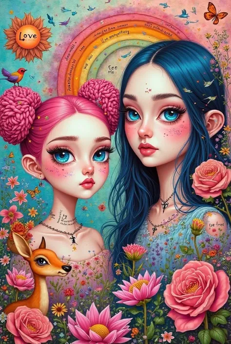 One-sentence summary: A vibrant, mixed-media artwork features stylized portraits of two women surrounded by flowers, animals, inspirational words, and abstract elements, creating a whimsical and emotionally evocative piece.

Detailed Description:

The imag...