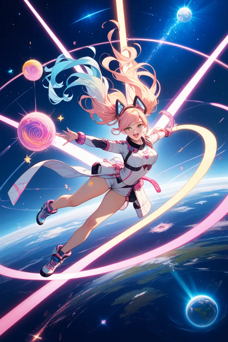 In a space of shimmering neon colors, glittering electrons and protons flit about as if dancing. At the center, a heart-shaped energy field pulsates, emitting an explosive glow as if from a big bang. A girl floats around in a space suit, dancing dynamicall...