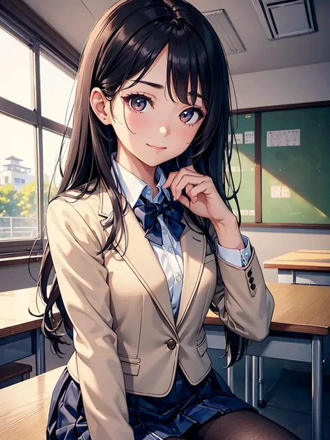 masterpiece, Highest quality, Ultra High Definition, detailed details, perfect anatomy, 8k, UltraHD, photorealistic,  Movie Lighting, ( The background is a Japanese school classroom ), cowboy shot,  1 beautiful girl, Young lady, Neat,  is quiet, (detailed ...