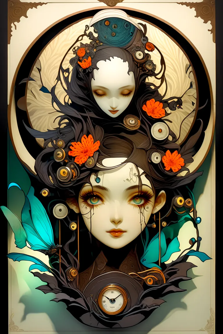 (masterpiece、Highest quality)、Super Detail、 HIGHEST DETAILS 、Automata Girl、layered sculpture 、body horror、Avant-garde、Concept Art、Mysterious and beautiful、Dark Fantasy、Fossil、Art Nouveau、Layered Cut Art、Mucha、stylish、stylish、Magic Rim