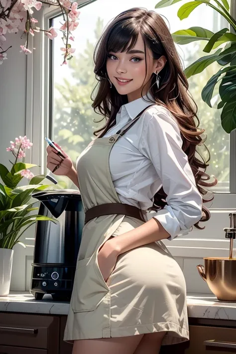 (from below:1.4),((1girl, blown hair, long hair, qutel blue eyes, beautiful eyes, pretty smile:1.5, ), coloring watercolor digital pencil ,Cherry blossoms falling,an animated painting of a woman in an apron standing at a coffee maker, 1girl, brown hair, so...