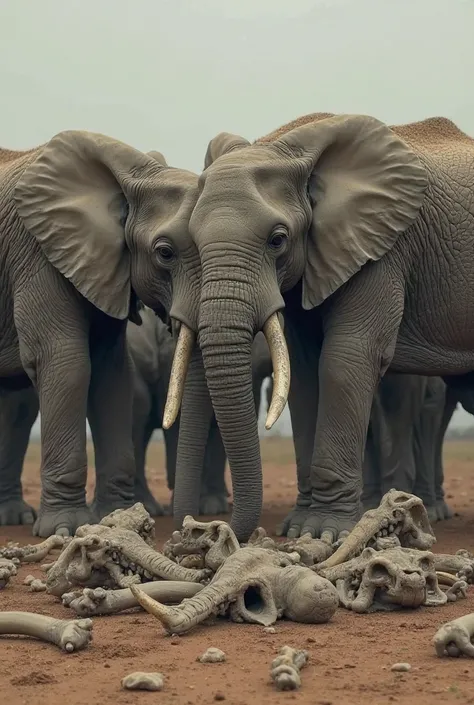 A group of elephants gathered around dead elephant skeletons bones