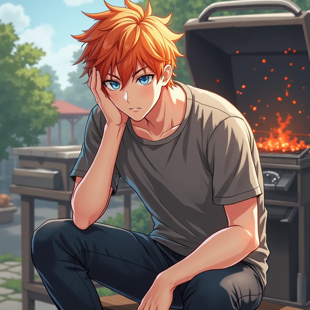 Anime guy sitting on the grill with his hand on his face,  a character portrait by Yang J , tumblr, Digital Art,  handsome face in the art of demon slayer , cute anime pose, Art in the style of Guweiz,  high quality fanart , male anime style,  handsome ani...